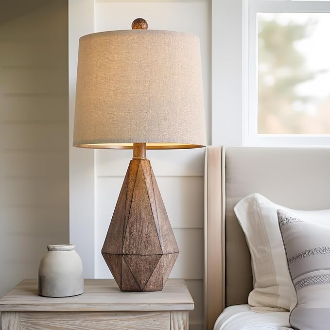 PoKat 20.25" Retro Farmhouse Table Lamp Set of 2 - Living Room & Bedroom Rustic Linen Bedside Nightstand Lamps for Kids, Study, Office - Resin, Suitable for Small Places