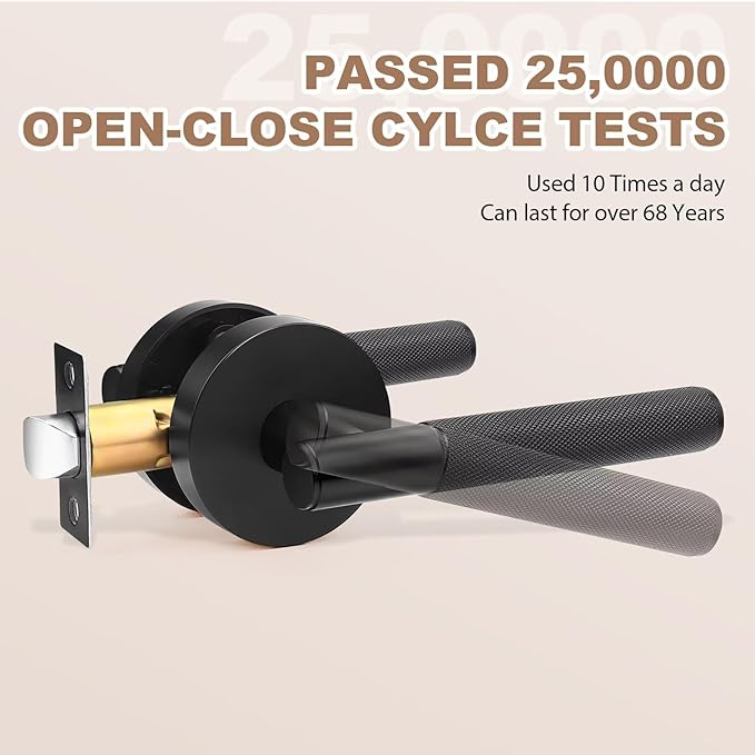Black Matte Door Handles Interior No Lock, Passage Door Levers for Hallway & Closet, Modern Knurled Round Reversible Handle, 1 Pack