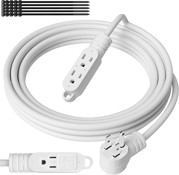 3 Prong Power Extension Cord with Multiple Outlets 10 FT, 16/3 Gauge Multi 3 Outlet Wire, 90 Degree Angled Male Plug, 16 AWG Grounded Wire (13A 125V 1625W), ETL Listed, White Cable with 25 Cable Ties