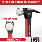 ARROW 20oz Straight Claw Hammer with Magnetic Nail Holder, Smooth Face and Forged Steel Head, Shock-Absorbing Fiberglass Handle, for Carpentry and General Purpose