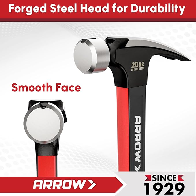 ARROW 20oz Straight Claw Hammer with Magnetic Nail Holder, Smooth Face and Forged Steel Head, Shock-Absorbing Fiberglass Handle, for Carpentry and General Purpose