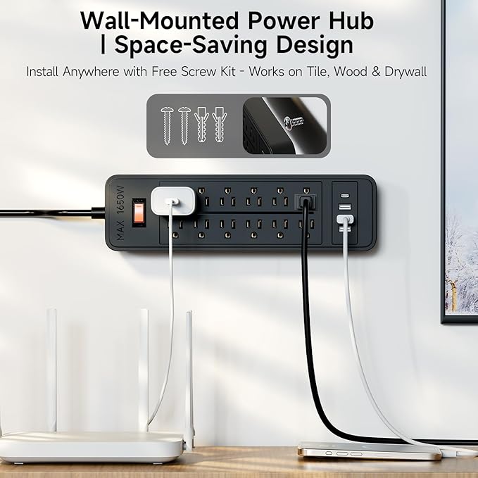 Surge Protector Power Strip, ETL Listed, 12 Widely-Spaced Outlets Expansion with 4 USB Ports (1 USB C Port), Low-Profile Flat Plug, Wall Mountable, 5ft Extension Cord, Heavy Duty, 5FT