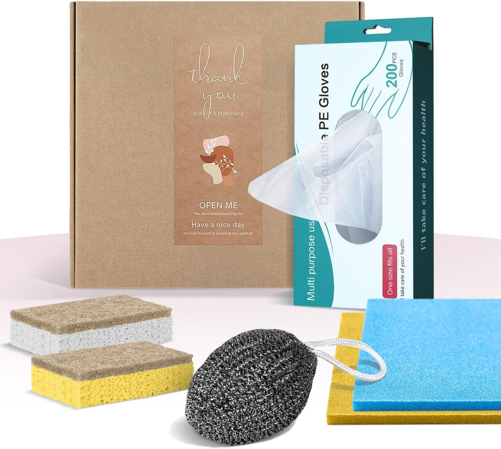 200PCS Plastic Gloves Disposable, Cellulose Kitchen Cleaning Sponge, Swedish dishcloths,Steel Wool Scrubbers,Set of Cleaning Supplies Housewarming Gift(6)