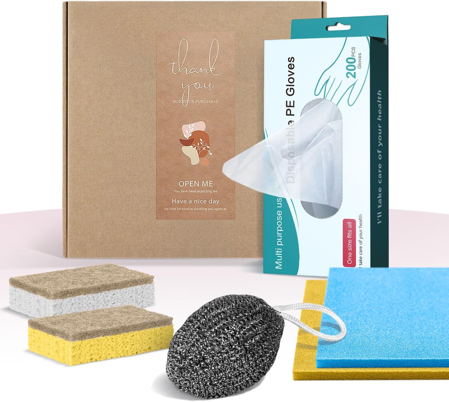 200PCS Plastic Gloves Disposable, Cellulose Kitchen Cleaning Sponge, Swedish dishcloths,Steel Wool Scrubbers,Set of Cleaning Supplies Housewarming Gift(6)