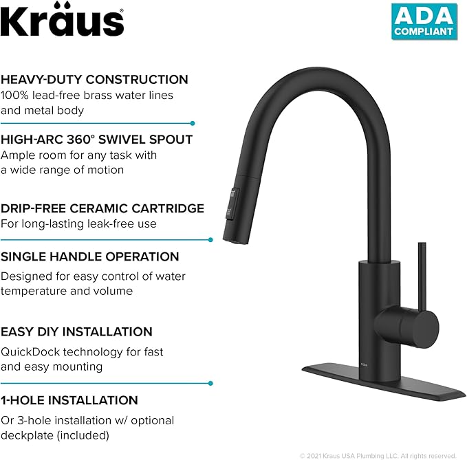 KRAUS Oletto Single Handle Pull Down Kitchen Faucet with QuickDock Top Mount Installation Assembly in Matte Black, KPF-2620MB