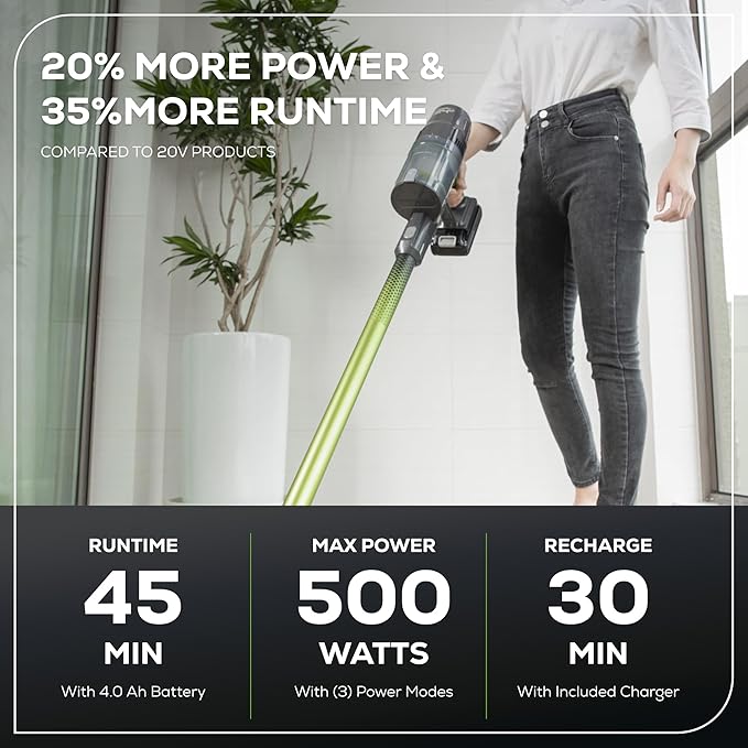 Greenworks 24V Brushless Cordless Stick Vacuum, Lightweight, Handheld, Pet, Anti-Allergen HEPA Filtration, Hard Floor, Carpet, Car, 4Ah Battery, and 30-Minute Charge Time (Green)