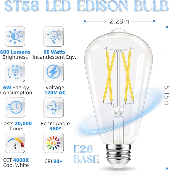LED Edison Bulbs, E26 Bulb 60 watt Equivalent, Non-Dimmable, Cool White 4000K, ST58 Vintage Light Bulbs, 90+ CRI, 6W 600LM, E26 Medium Base, Clear Glass, 6 Pack