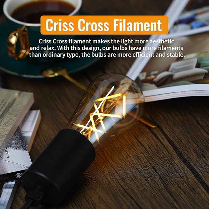 OMED LED Edison Bulb Dimmable Amber Glass, 60 Watt Equivalent LED Light Bulbs Soft White, ST64 E26 Bulb 60W 2700K, Vintage Spiral Filament LED Bulbs with Teardrop Top, 600LM,UL Listed, 2 Pack