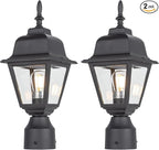 LIT-PaTH Outdoor Post Lighting Fixture Pole Lantern, E26 Medium Base Max 60W, Aluminum Housing Plus Clear Glass, Bulb Not Included, Matte Black Finish, 2-Pack