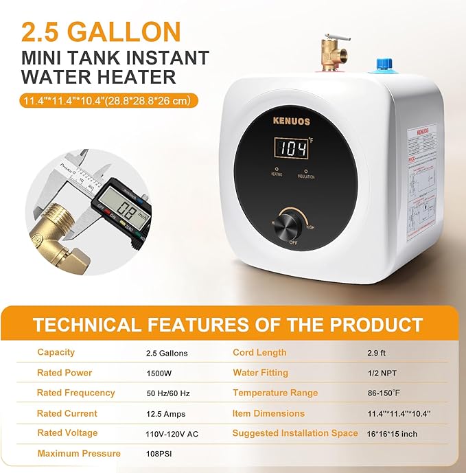 Mini Tank Water Heater Electric 2.5 Gallon Under Sink Instant Hot Water Heater with LED Dsiplay,T&P Valve,3-Way Diverter,110V 120V Point Of Use Water Heaters for Kitchen RV Bathroom White
