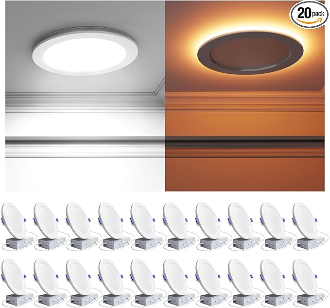 Ensenior 20 Pack 4 Inch LED Recessed Ceiling Light with Night Light, Dimmable, 2700K-5000K 5CCT, 1050LM 12W 120V, High Brightness Canless Wafer Downlight - FCC (4 Inch)