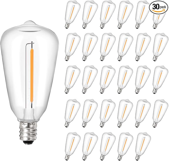 30Pack ST38 LED String Light Bulbs Clear Replacement Bulb 0.6W fits E12 C7 Screw Base Edison Bulbs for Outdoor String Lights Dimmable Bulbs Equal to 7W for Patio Decor, 2700K Warm White
