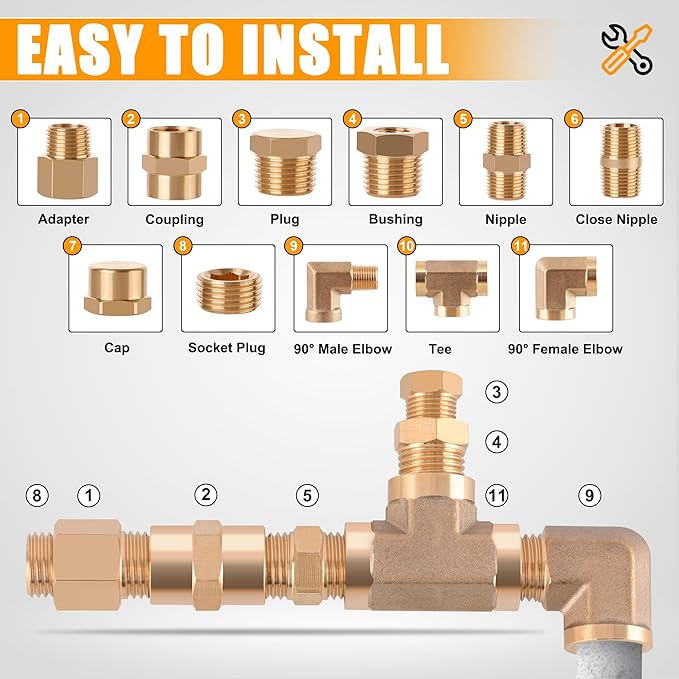156PCS Brass Pipe Fittings Assortment Kit 1/8" 1/4" 3/8" 1/2" 3/4" NPT Adapter,Reducer Bushing, Hex Nipple, Reducing Hex Coupling,Hex Head Plugs,Street Elbow,Street Tee,Socket Plug