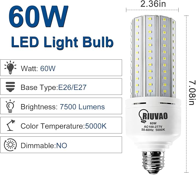 60W LED Corn Bulb 500W Equivalent Led Light Bulb 7500 Lumen Bright 5000K Daylight White E26/E27 Medium Base for Large Area Outdoor Indoor Garage Warehouse Factory Backyard