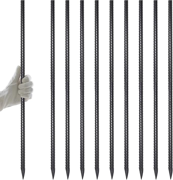 AAGUT 40" Rebar Stakes 1/2" 10 Pcs, Straight Ground Stakes Heavy Duty Landscpe Timber Spikes with Chisel Point End for Cement, Concrete Form, Plant Support, Black