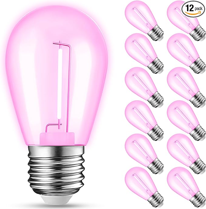12-Pack Pink String Light Bulbs, Patio String Light Replacement Bulbs for Outdoor Indoor, 1W E26 Base S14 LED Colored Light Bulbs for Christmas, Halloween,Holiday,Home Decor