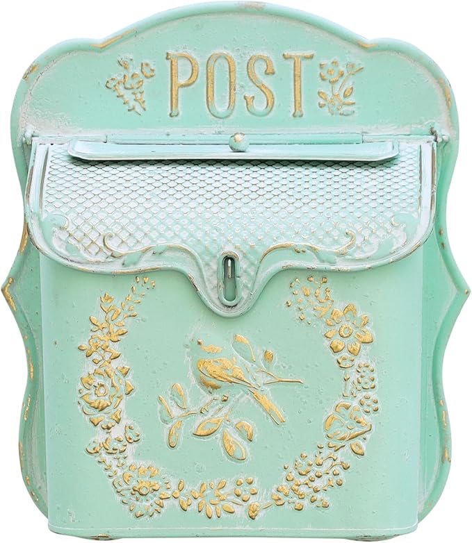 Mailbox Wall Mount Mailboxes for Outside Vintage Mail Boxes for House Outside Metal Drop Box Antique Style Nostalgic Charm Home Decorative, Bird Pattern, Green