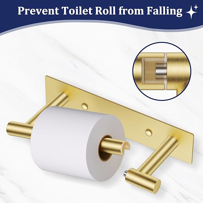 Brushed Gold Toilet Paper Holder, Adhesive or Screw Toilet Roll Holder Wall Mount, SUS304 Stainless Steel Double Post Pivoting Toilet Roll Holder for Bathroom, Kitchen, Washroom