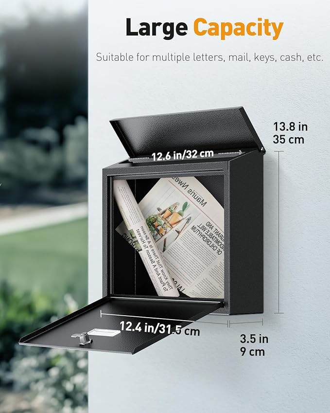 Uniclife Wall Mount Mailbox for Outside, Large Locking Mailbox with Key Lock, Security Mail Box, Postbox for House, Safe Key Drop Case, Steel Cash Drop Case for Home Office School, Black