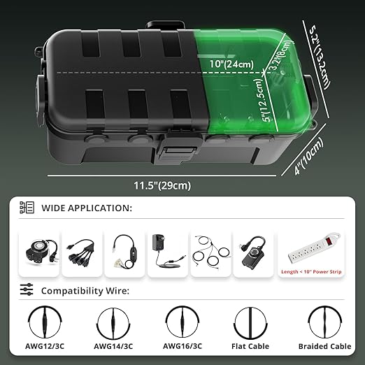 QUOBAS 2 Pack Outdoor Waterproof Electrical Box with 6 Cable Ports, IP54 Weatherproof Heavy-Duty Extension Cord Cover for Power Strips, Garden Power Tools, Holiday Lights, Black