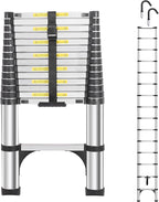 Telescoping Ladders 15.5 FT Aluminum Ladder - One-Button Retraction Collapsible Extension Ladder for Home,RV,Attic & Loft, Lasts 330 LBS with 2 Triangle Stabilizers and 2 Detachable Hooks