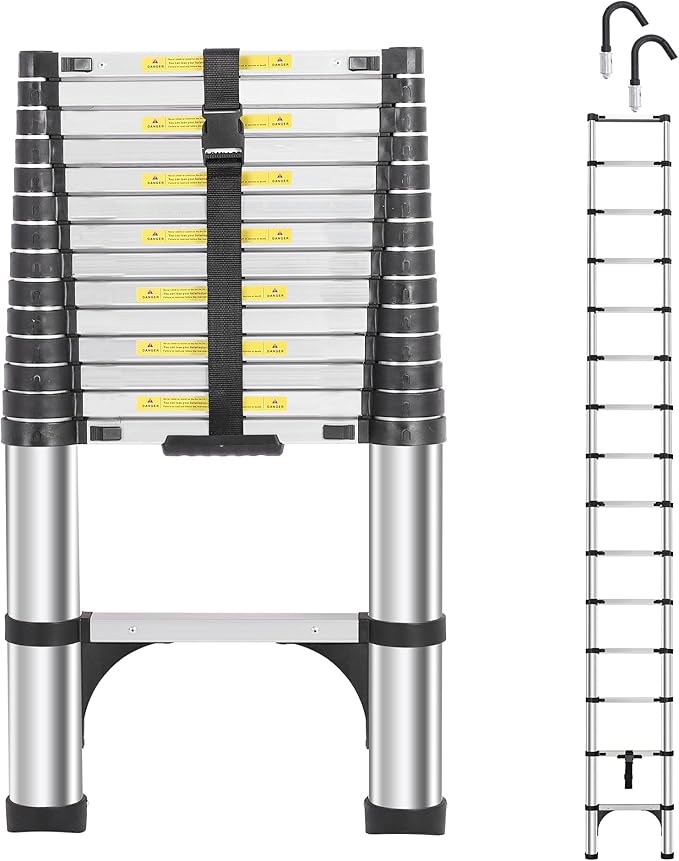 Telescoping Ladders 15.5 FT Aluminum Ladder - One-Button Retraction Collapsible Extension Ladder for Home,RV,Attic & Loft, Lasts 330 LBS with 2 Triangle Stabilizers and 2 Detachable Hooks