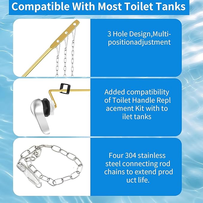 2PCS Toilet Handle Replacement Kit, Side Mount Universal Toilet Bowl Kit, Chrome Toilet Tank Trip Lever with Stainless Steel Rod & Flapper Chains for Most Toilets.