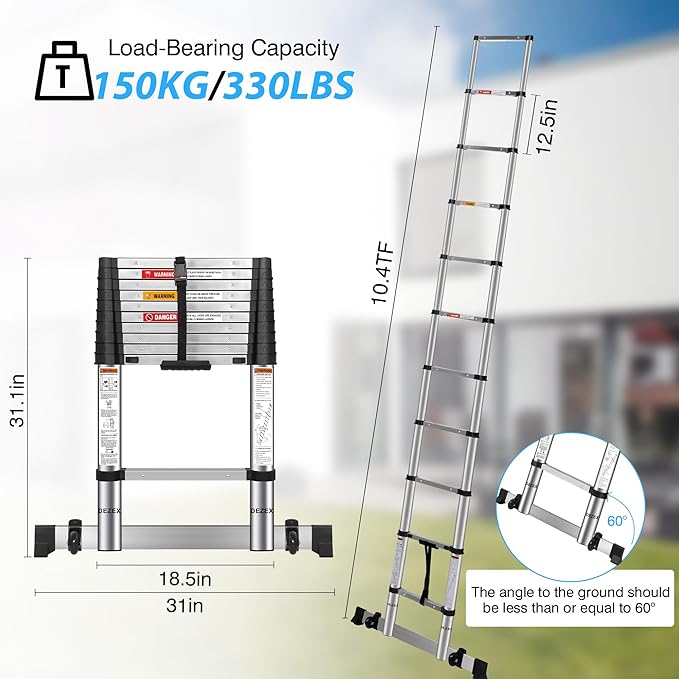 10.5 FT Stainless Steel Telescoping Ladders - One-Button Retraction Collapsible Extension Ladder for Home,RV,Attic,Lasts 375 LBS with Balance Bar and Wheels