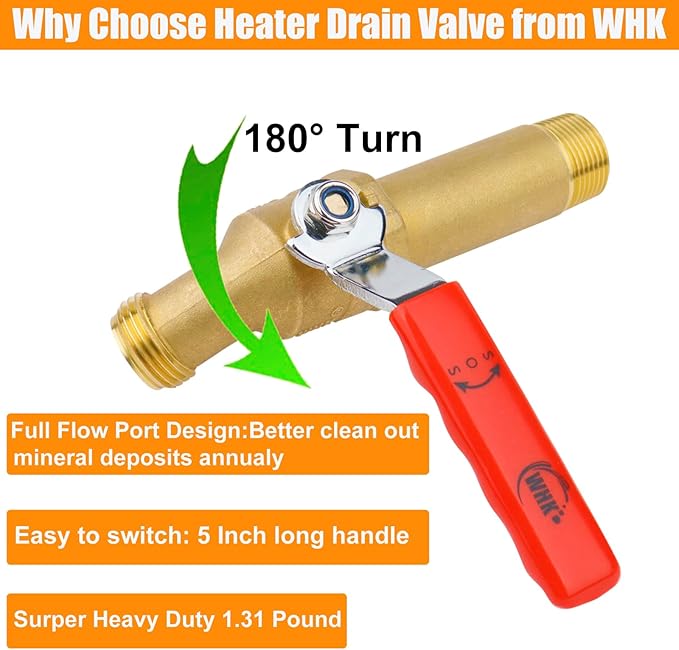 WHK Water Heater Drain Valve 3/4"MIP X 3/4" Male GHT Connection to drain or Flush Hot Water Heater Faster and Easy(Brass,3 Inch Shank with Long Handle)