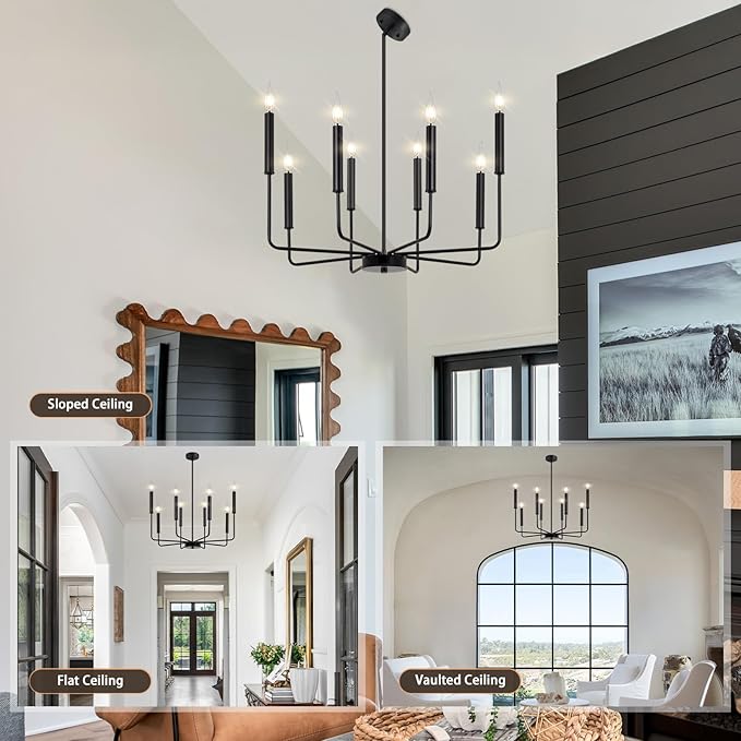Qamra Farmhouse Black Chandelier for Dining Room, 8-Light Modern Candle Chandelier Light Fixture, Rustic Industrial Hanging Chandeliers Lighting for Living Room, Kitchen, Staircase, Entryway, Foyer