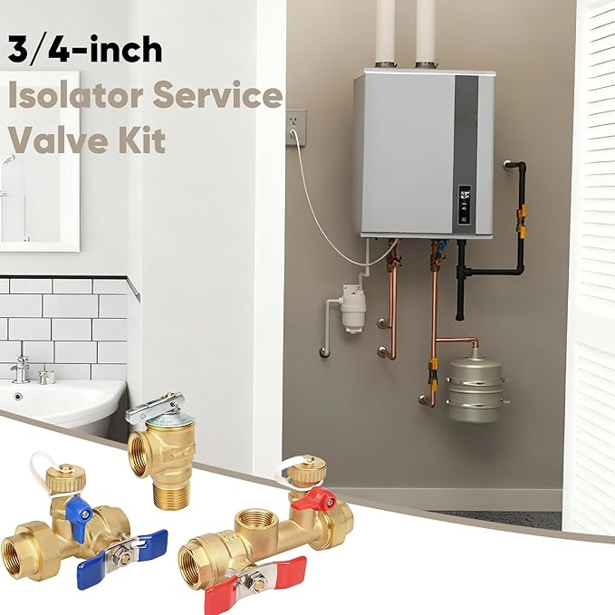 Upgrade 3/4 Inch IPS Isolator Tankless Water Heater Service Valve Kit, Isolation Valve with Pressure Relief Valve, Lead-Free Brass, Compatible with Rheem/Rinnai/EcoSmart/Navien/Noritz/Takagi/Bosch