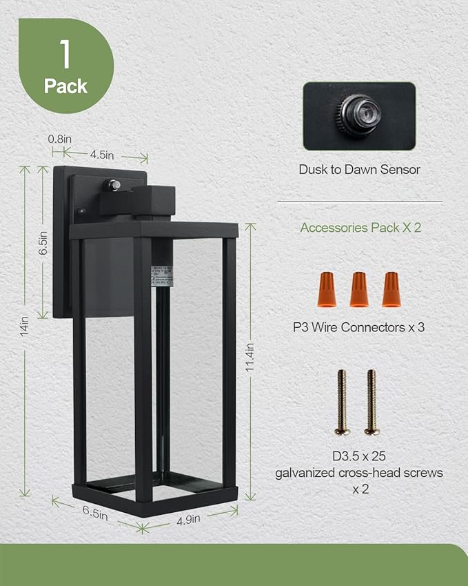 LITFIT Dusk to Dawn Outdoor Lighting, 14'' Matte Black Exterior Lighting Fixtures, Waterproof and Rustproof, Outside Wall Lantern for House, Garage, Porch & Patio, Blubs Not Included