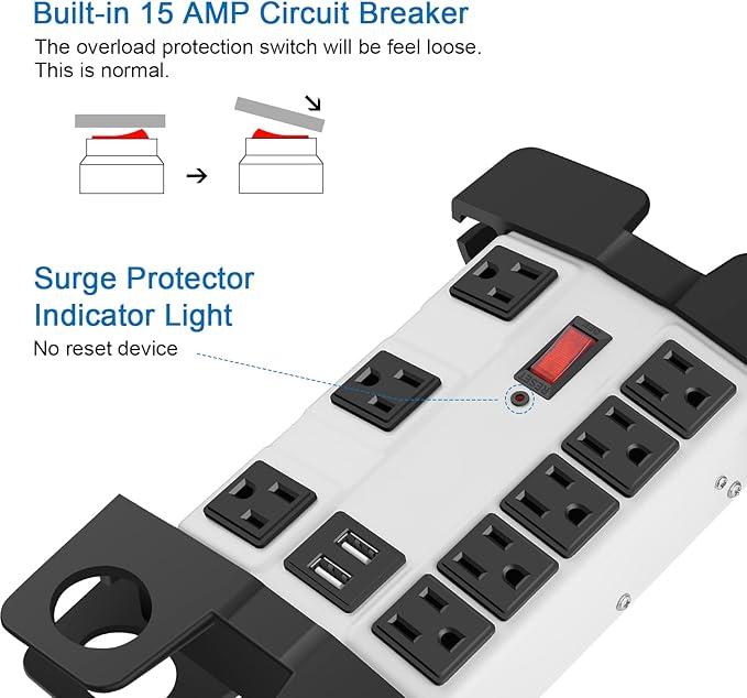 Heavy Duty Power Strip with USB, Workshop 8 Outlet Surge Protector 2700 Joules, Grey Industrial Metal 15Amp Power Strip, 10FT Extension Cord and Wide Spaced.