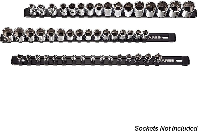ARES 70087-3-Piece Aluminum Socket Organizer - 1/4-Inch, 3/8-Inch, and 1/2-Inch Drive Rails Hold 48 Sockets and Keep Your Tool Box Organized