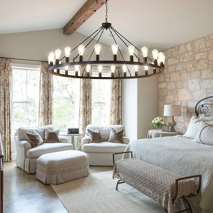 53” Large Farmhouse Wagon Wheel Chandelier,Black Rustic Chandelier 24-Lights,Round Dining Room Light with Adjustable Height,Industrial Ceiling Light Fixtures for Kitchen,Foyer,Porch,Living room