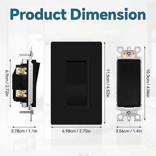 ThunderWay Matte Black Single Pole Decorator Light Switch with Screwless Wall Plate, 15 A 120/277 V, ON/Off Rocker Paddle Interrupter, Self-Grounding, Residential Grade,UL Listed (20 Pack)
