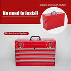 4 Drawers Metal Tool Box, 21" Portable Steel Tool Chest w/Key Lock & Latch Closure, Multi-Function Top Storage Tray Toolbox w/Powder Coating & Ball Bearing Slides for Garage & Workshop (Red)