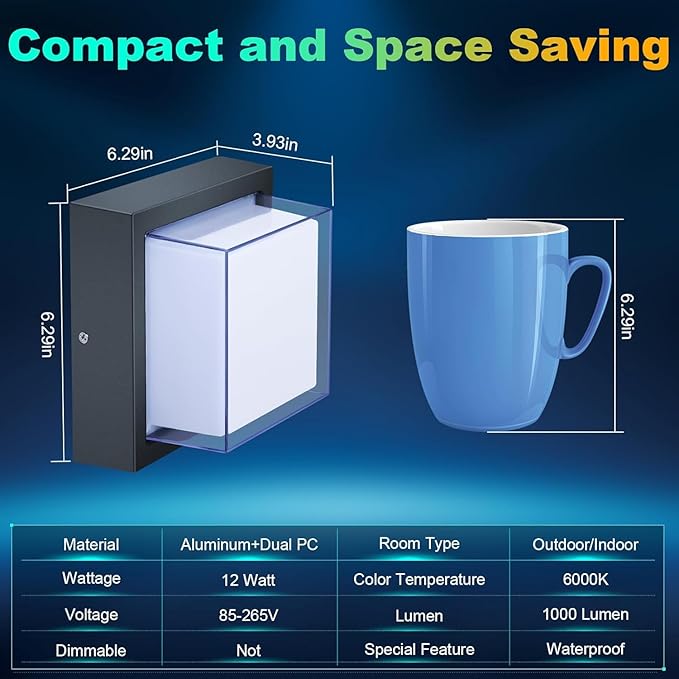 ledmo LED Wall Lights, 12W 6000K Outdoor Modern Porch Light Outdoor, 1000LM Double-Layer Aluminum Square Exterior Wall Mount Fixture IP65 Waterproof for House