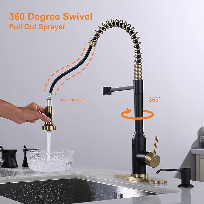 Touchless Kitchen Faucet ， KEER Smart Motion Sensor Hands Free Single Handle Spring Kitchen Sink Faucet with Pull Down Sprayer,Matte Black Gold