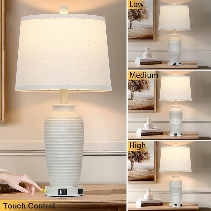 25" Vintage Farmhouse Jar Table Lamps, Single Rustic Bedside Lamp with USB A+C Ports & AC Outlet, Nightstand Lamps for Living Room, Bedroom, End Table, Cream(LED Bulb Included)