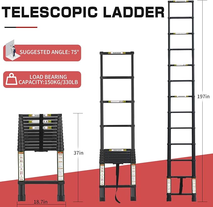 RIKADE Telescoping Ladder 16.5FT & Attic Ladder, Heavy Duty Aluminum with Non-Slip Feet, 330lb Capacity for RV, Attic, Loft & Multi-Surface Use
