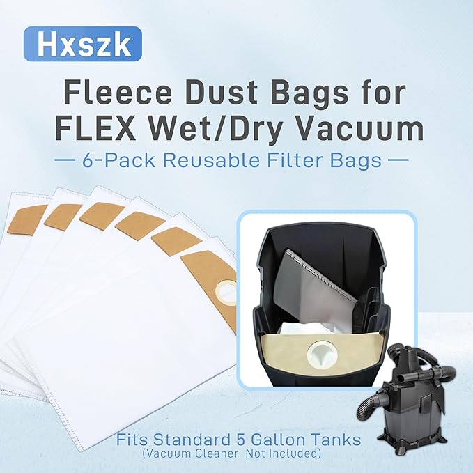 6-Pack Wet/Dry Fleece Dust Bags - Compatible with FLEX Wet/Dry Vacuum-FT522
