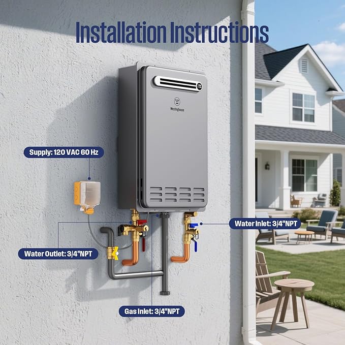 Westinghouse Natural Gas Tankless Water Heater Outdoor Installation Max 5.1 GPM 120,000 BTU, Temp Self Modulating Non Condensing High Efficiency Water Heater for House or Commercial, APOLO Performance