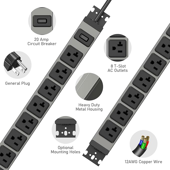 JUNNUJ Heavy Duty Power Strip Wall Mount, 20 Amp Surge Protector 1200J Metal 8 Outlet Under Desk Mounted 20A, Garage Power Bar Table Socket Industrial Outlets 6-20R T-Slot, 10FT 12AWG Extension Cord