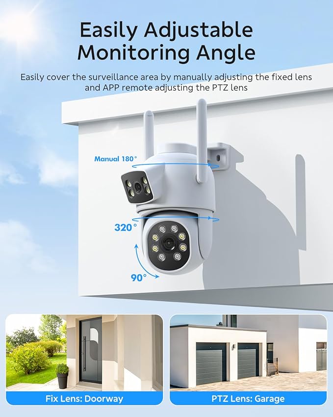 Dual Lens Security Cameras Wireless Outdoor, 2K Full HD Video, 360° View Pan/Tilt Home Security Camera with Color Night Vision, PIR Alarm, 2.4G/5G WiFi, Auto Tracking, 2-Way Audio, Easy to Install