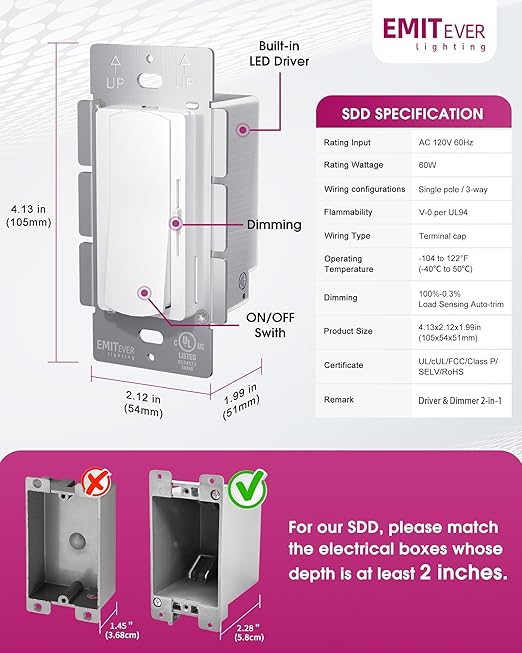 Dimmer Light Switch & 24V 60W Dimmable LED Driver 2 in 1, UL Listed Single-Pole or 3-Way Slide Dimmer Switches for Led Strip Lights,120VAC to 24VDC Power Supply for Low Voltage Project, Glossy White