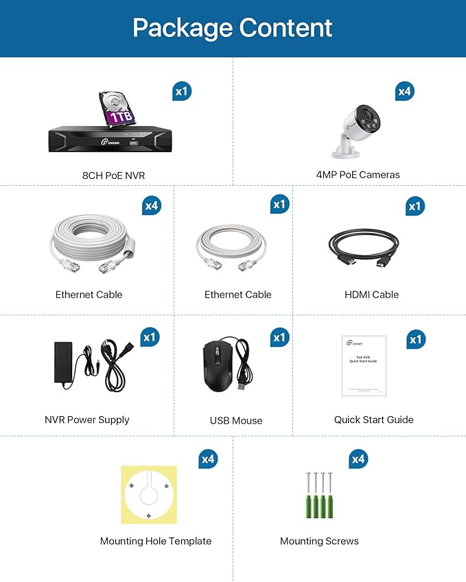 Loocam 5MP PoE Security Camera System 8CH H.265+NVR with 1TB HDD, 4pcs 4MP Wired Camera System AI Human Vehicle Detection Surveillance System Outdoor Indoor with Audio, Night Vision, 24/7 Recording