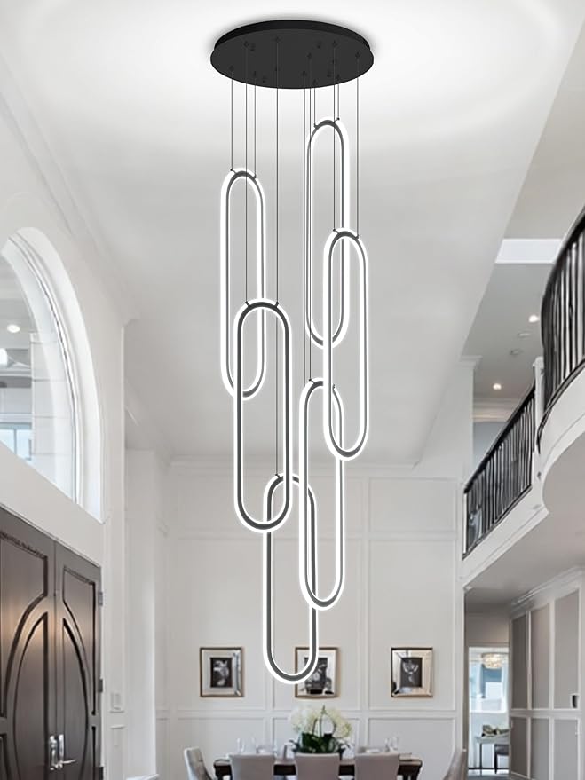 Flashing God Chandelier 6-Rings Contemporary Chandelier for High Ceiling Flush Mount Led Dimmable Large Pendant Lighting Black Ring Chandeliers for Villa Foyer Entrance Living Room