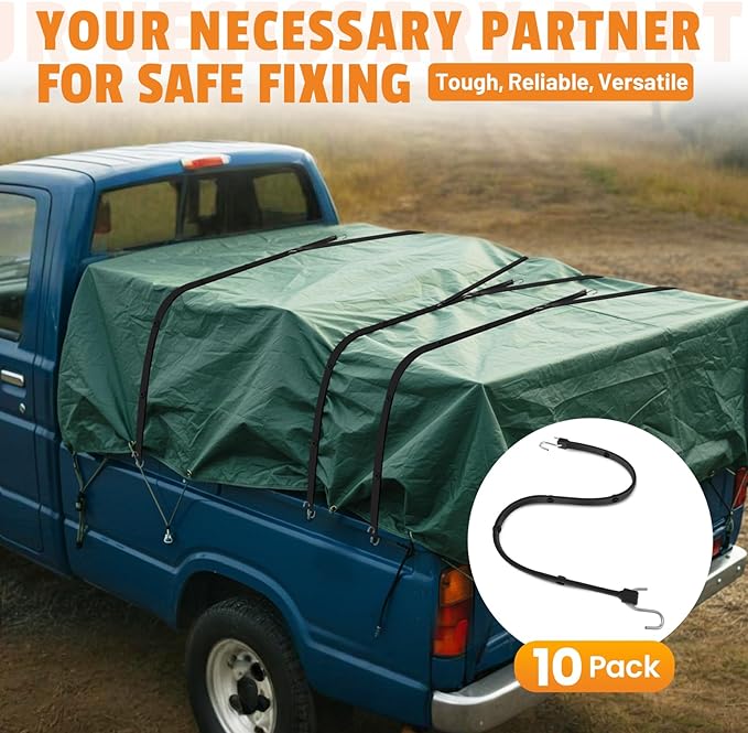 Adjustable 31" Rubber Bungee Cords with Hooks, EPDM Bungee Cord with 150% Max Stretch, Heavy Duty Bungee Straps for Securing Tarps, Canvases, Cargo, Motorcycle, Weatherproof, Pack of 10