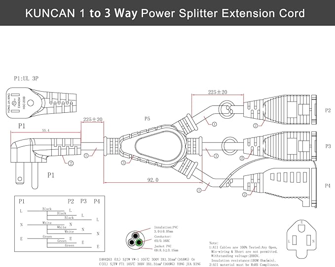 KUNCAN Outdoor 3-Outlet Power Splitter, 90-Degree Flat Plug 1 to 3 Way Outlet Adapter 1.5FT SJTW 16AWG 3-Prong Power Cord Extension Strip with Outlet Cover for Holiday Decoration String Light(1-Pack)
